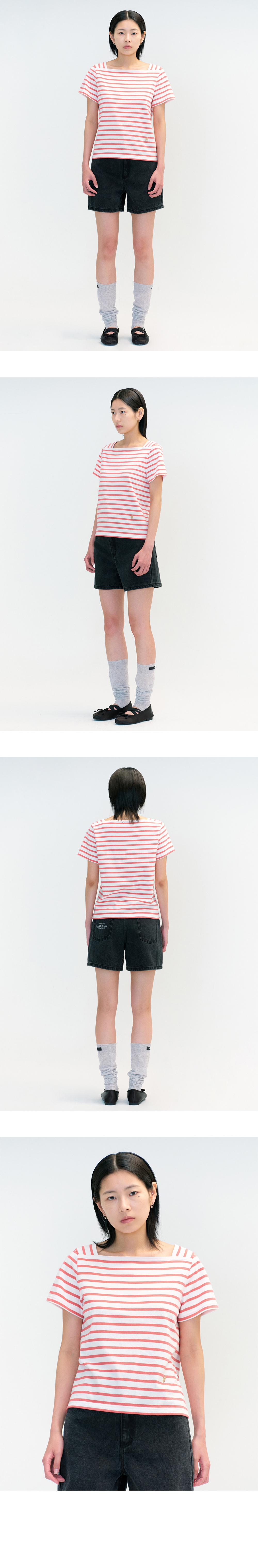 W SQUARE NECK STRIPE HALF TEE - 2 COLORS PINK