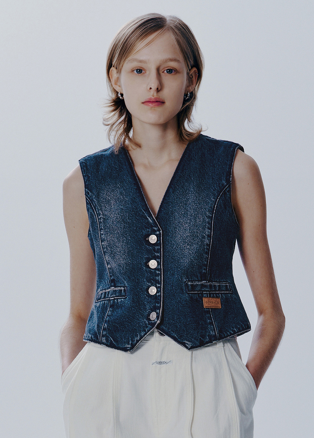 お歳暮 時期 BUTTON V-NECK W DENIM GIRBAUD FRANCOIS MARITHE - blue VEST トップス