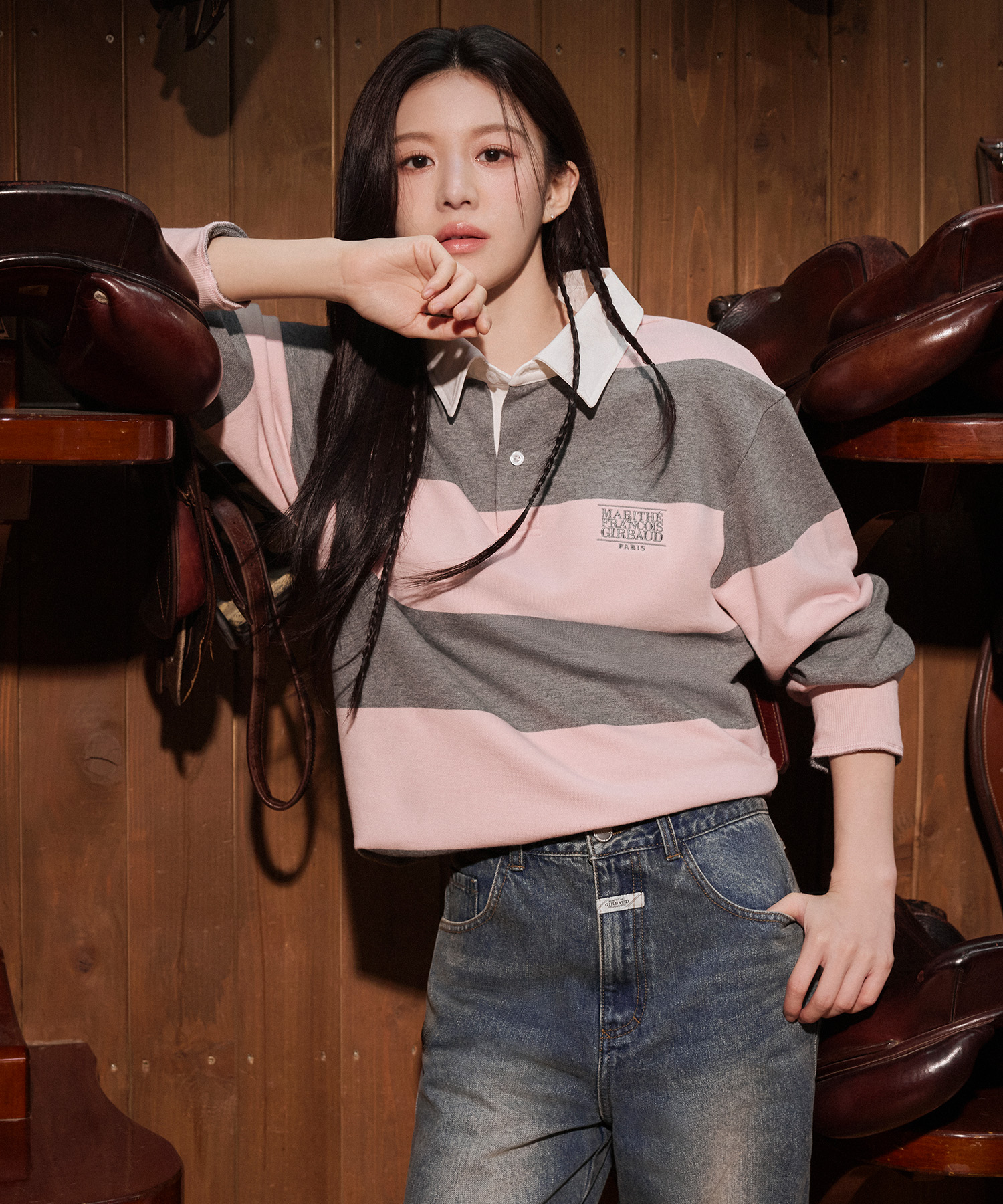 【MARITHE】韓国人気◆RUGBY SWEATSHIRT シンプルロゴ S,M - 11/25, L-11/4 예약발송] CLASSIC LOGO STRIPE RUGBY