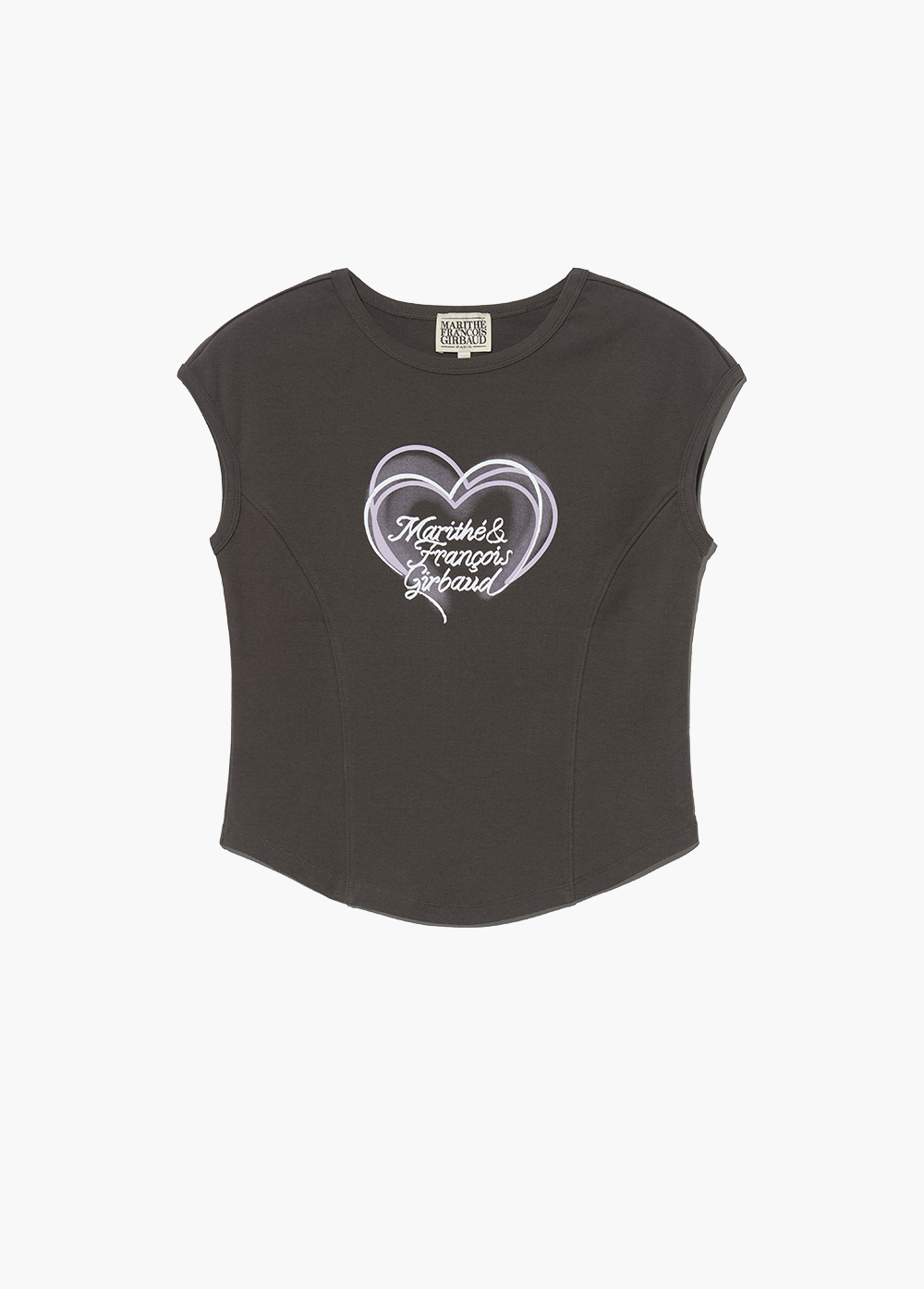 Marithe☆25SS W HEART LETTERING LOGO CAP SLEEVE W OVER FIT HANDWRITING LOGO HEART TEE charcoal - MARITHE