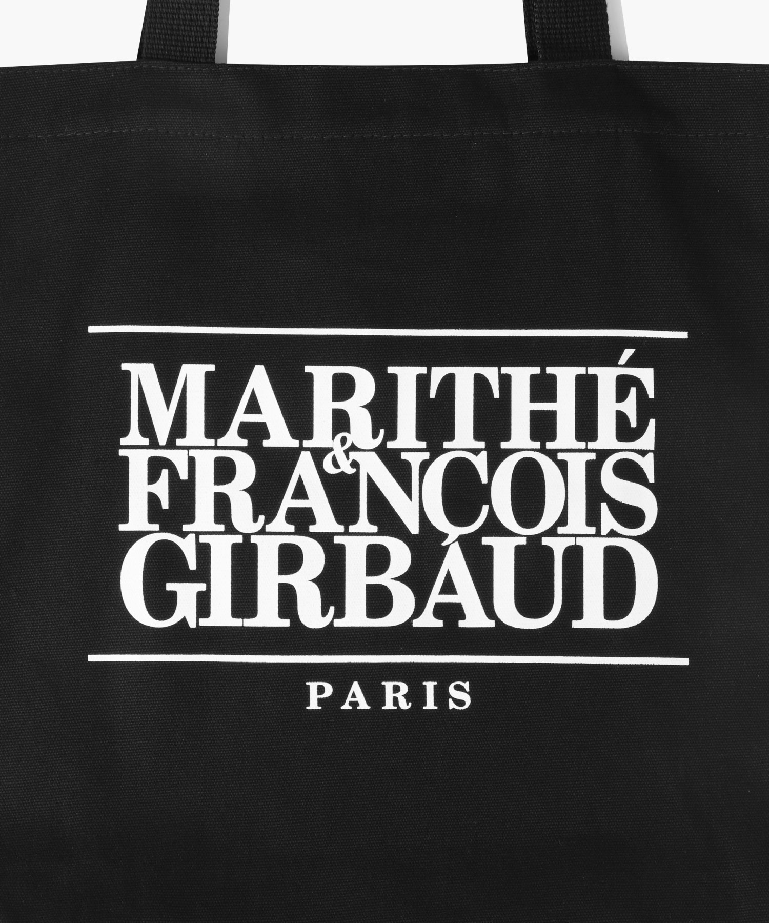 Marithé Classic Logo Eco Bag in black, printed logo and cotton fabric close-up
