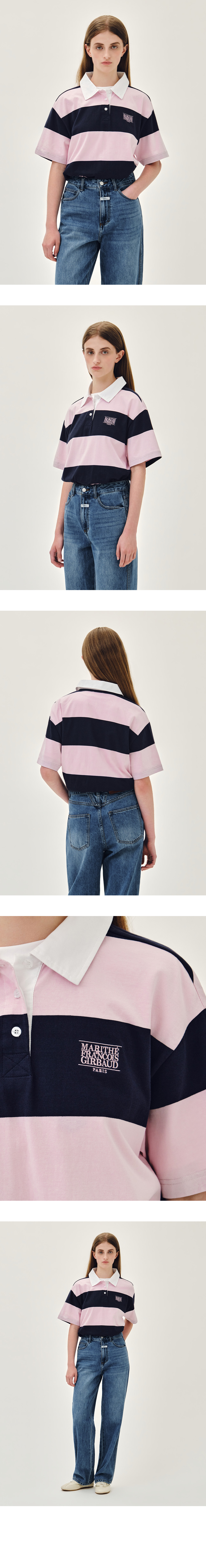 SMALL CLASSIC LOGO RUGBY STRIPE OVERSIZED COLLAR TEE - 3 COLORS PINK